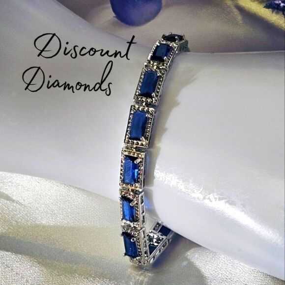 Blue Rectangular 5 mm Princess Cut Topaz Tennis Bracelet on 925 Silver - Picture 1 of 10